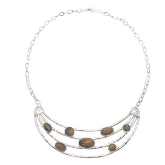 925 Sterling Silver Vintage Real Tiger Eye Modernist Crescent Chain Necklace 18"
